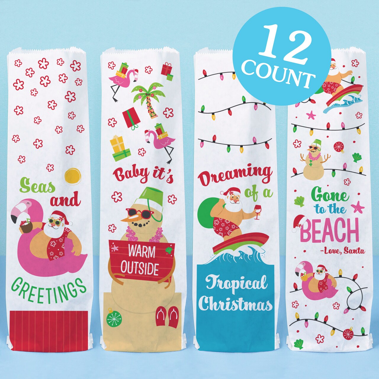Big Dot of Happiness Tropical Christmas Wine Gift Bags, Funny Beach Santa Holiday Hostess Thank You Wine Bottle Gift Wrap, Holiday Paper Bags - 12 ct